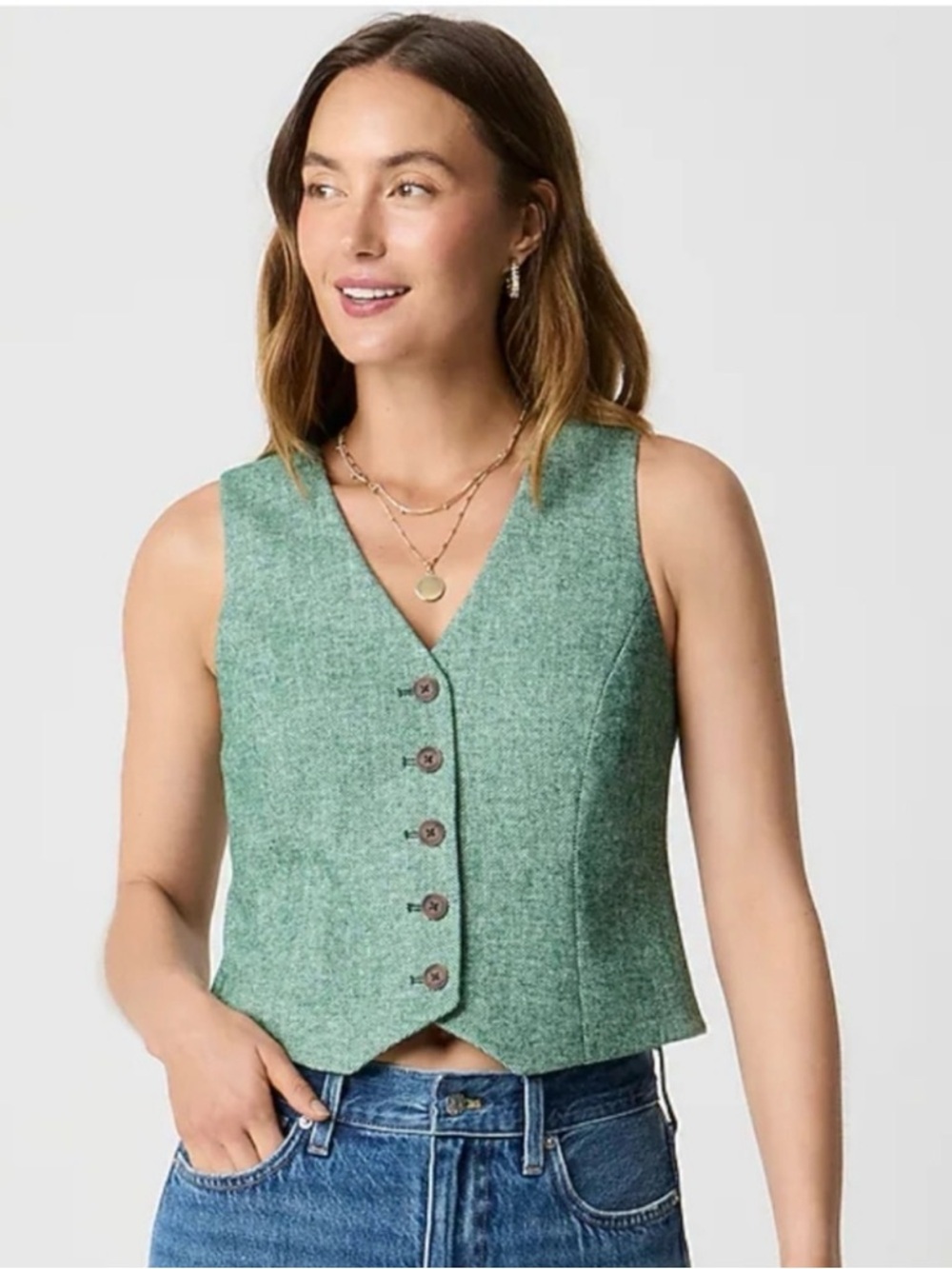 J. Crew Green Textured V-Neck Button Vest